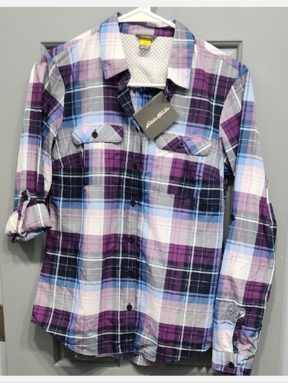 NWUT Eddie Bauer Travex Mountain Dark Plum Purple Blue Plaid Button Down Shirt